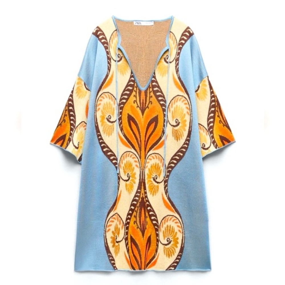 NEW  Zara Oversized Jacquard Knit Printed Mini Tunic Dress size Medium